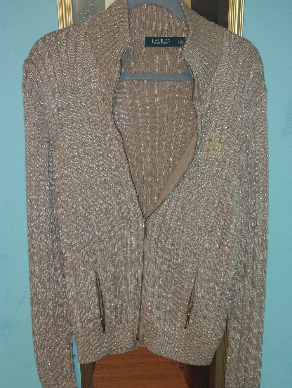Ralph Lauren Metallic Taupe Ribbed Zip Cardigan
